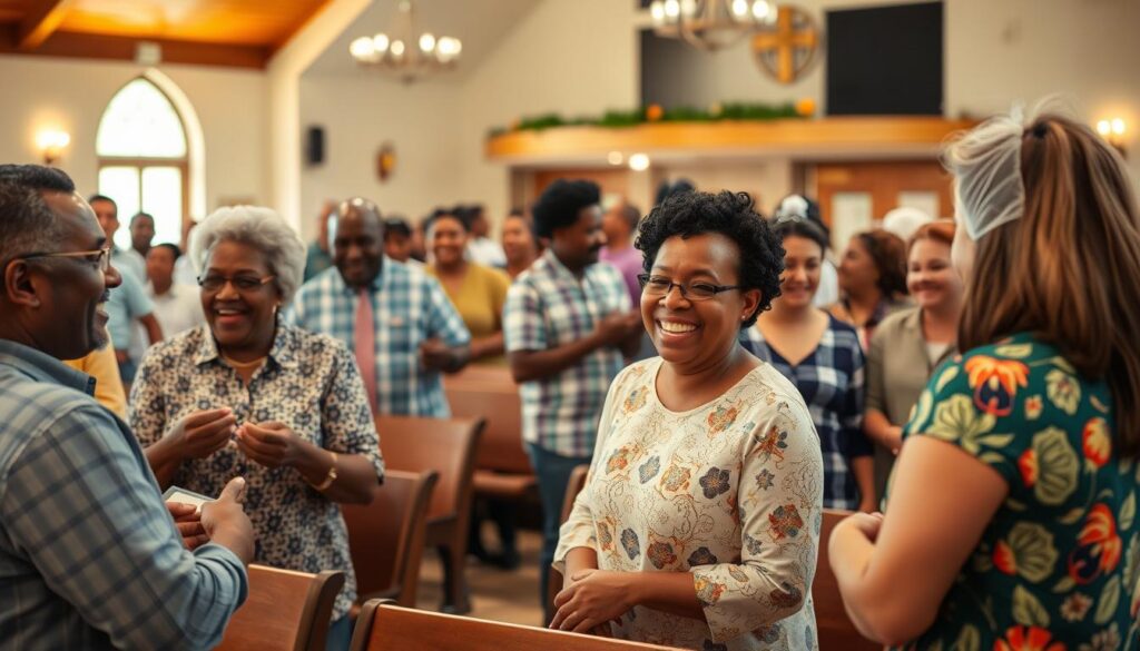 A bustling church community engaged in lively activities. In the foreground, a group of parishioners participating in a lively discussion, their expressions animated and their body language engaged. In the middle ground, a youth group playing a spirited game, their laughter and camaraderie palpable. The background reveals a well-lit church hall, adorned with warm lighting and decorative touches, exuding a sense of welcoming and belonging. The scene is captured with a sharp, high-resolution lens, showcasing the vibrant details and capturing the energy and joy of the "How To Become" a deacon in this thriving Baptist church community.