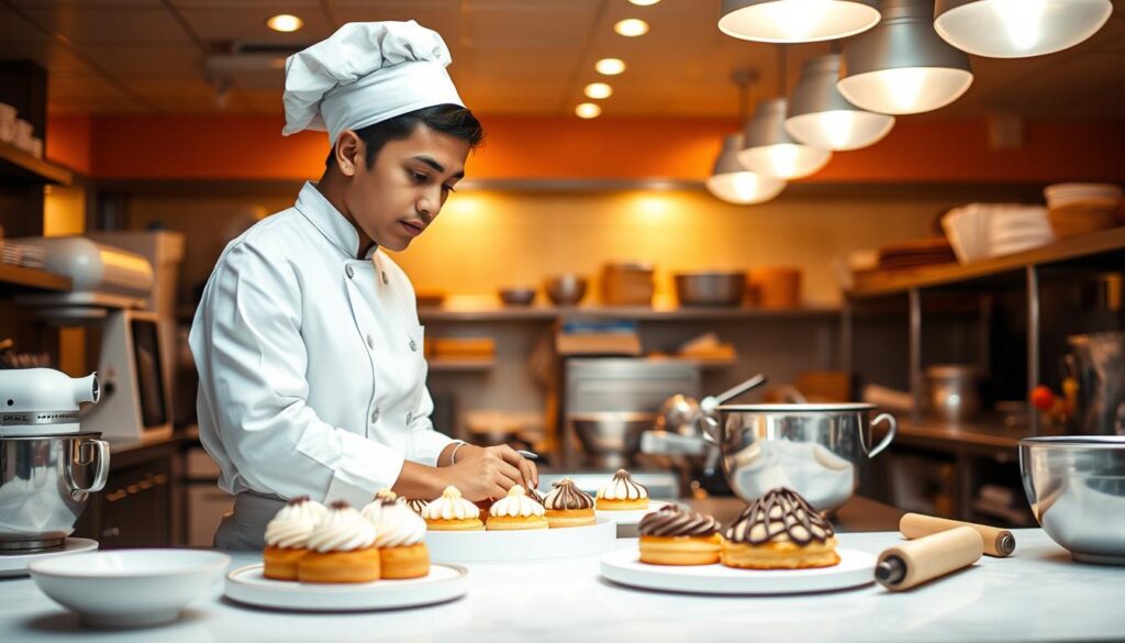A bustling kitchen interior, warm lighting illuminating a workstation where a young, aspiring pastry chef, dressed in a crisp white uniform, carefully assembles delicate pastries. Intricate piping and delicate chocolate work adorn the display, showcasing the chef's burgeoning skills. Mixing bowls, rolling pins, and other culinary tools line the counter, hinting at the hands-on training and attention to detail required for this "How To Become" a pastry chef career path. The scene evokes a sense of dedication, precision, and the exciting journey towards mastering the art of pastry creation.