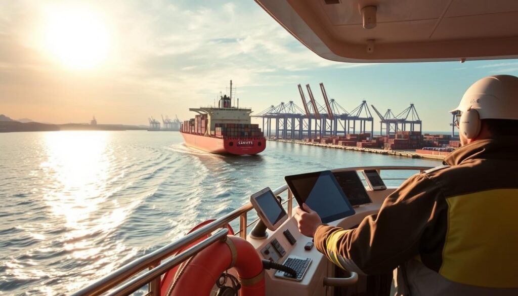 A bustling port scene with a pilot boat navigating a large cargo ship through the harbor. The pilot stands on the bridge, using a tablet computer and various monitoring systems to guide the vessel. In the background, cranes and containers dot the skyline, while the sun casts a warm glow over the entire scene. The overall atmosphere conveys the precision and technology involved in the "How To Become" port pilotage process.