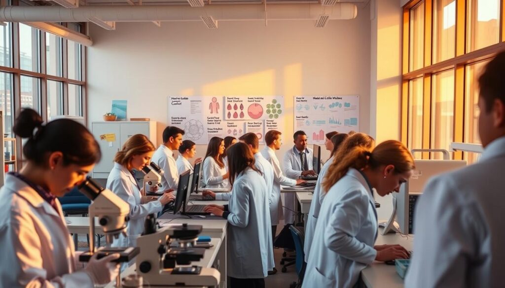 A bustling public health research laboratory, illuminated by warm, natural lighting filtering through large windows. In the foreground, technicians in lab coats carefully analyze microscope slides, while in the middle ground, a group of epidemiologists review data on computer screens. In the background, a wall-mounted display showcases various public health specialties, including infectious disease control, environmental health, and maternal and child welfare. The scene conveys a sense of collaborative, interdisciplinary exploration as "How To Become" a public health professional.