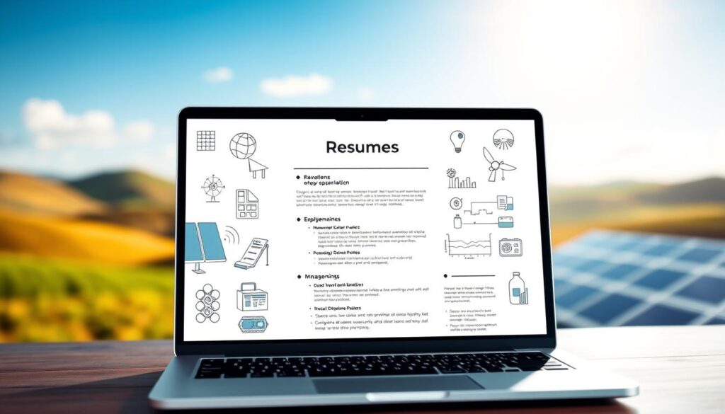 A clean, well-formatted solar energy resume with a sleek, modern layout. In the foreground, a laptop displaying the resume against a soft, natural lighting. The middle ground features solar panel icons, renewable energy symbols, and technical schematics, creating a visually engaging backdrop. The background showcases a blurred, sun-drenched landscape with rolling hills and a clear sky, conveying a sense of sustainability and innovation. The overall mood is professional, informative, and inspiring, guiding the viewer towards a career in the thriving solar energy industry. "How To Become" a solar energy technician with this effective resume format.