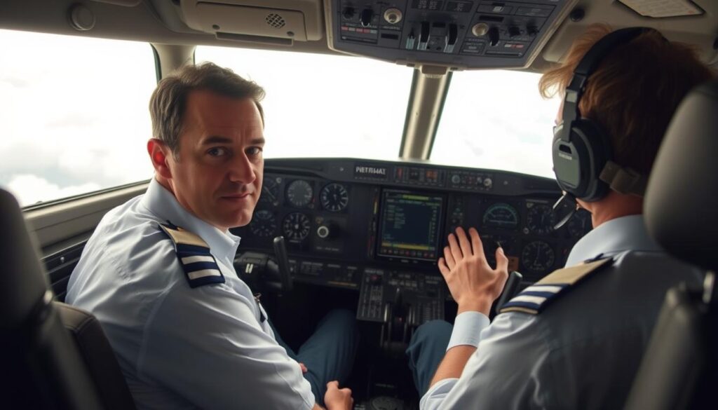 A cockpit interior with a pilot undergoing instrument-rating-training, seated before a complex array of instruments and controls. The scene is bathed in soft, diffused lighting, creating an atmosphere of focused concentration. The pilot's hands expertly manipulate the knobs and switches, their expression one of intense determination as they navigate through simulated weather conditions. The background is a hazy, cloud-filled sky, visible through the cockpit windshield. "How To Become" a commercial pilot is the overarching theme, emphasized by the intense training evident in this instrument-rating-training scenario.