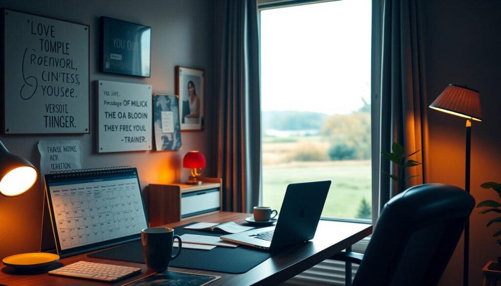 A cozy home office with a well-organized desk, featuring a laptop, a calendar, and a mug of coffee. On the walls, motivational quotes and a vision board inspire the personal trainer. Warm, diffused lighting from a floor lamp casts a soft glow, creating a contemplative atmosphere. In the background, a large window overlooking a peaceful, natural landscape. The overall scene conveys a sense of focus, planning, and a dedication to building a successful personal training business.