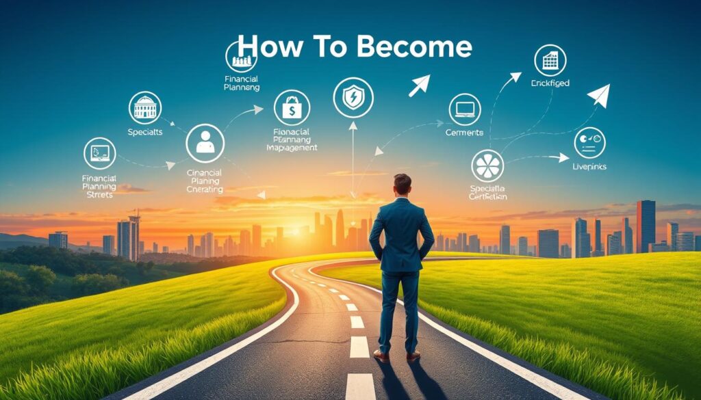 A detailed financial planning career path strategies illustration depicting a winding road leading through various milestones and career stages. In the foreground, a professional financial planner stands at a crossroads, contemplating their next steps. The middle ground showcases icons representing different financial planning specialties and certifications, with arrows guiding the path forward. In the background, a cityscape of skyscrapers and a sunset sky create a sense of scale and opportunity. The overall mood is one of determination and growth, embodying the "How To Become" a financial planner journey.