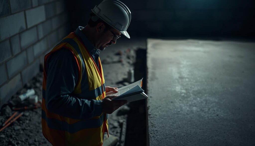 A dimly lit construction site, with a concrete inspector closely examining a freshly poured concrete slab. The inspector's hardhat, safety vest, and clipboard convey their expertise and attention to detail. The ground is littered with construction materials, hinting at the challenges of the job. Subtle ambient lighting casts long shadows, creating a pensive, introspective atmosphere. The camera angle is tilted slightly upward, emphasizing the inspector's authoritative presence and the importance of their role in ensuring quality and safety.