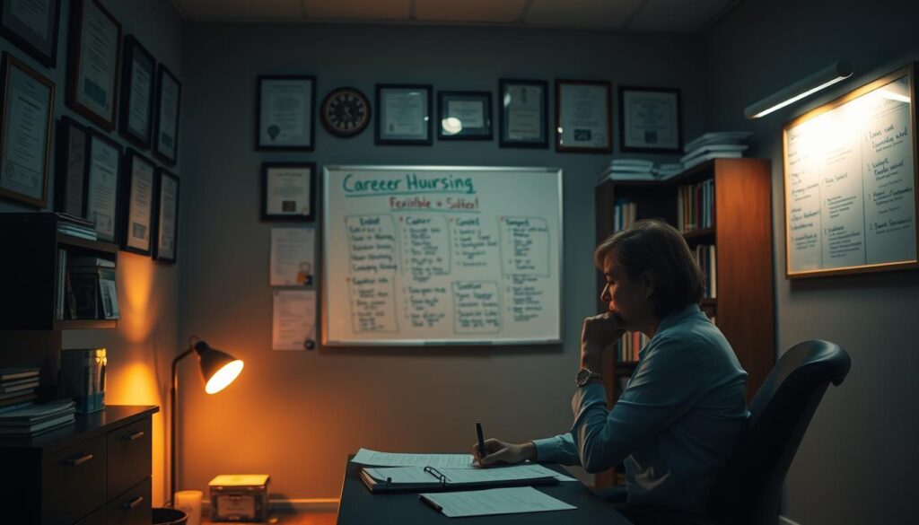 A dimly lit medical office, the walls adorned with certificates and diplomas. In the foreground, a career-transition strategist sits at a desk, deep in thought, poring over documents and charts. The lighting casts a warm, contemplative glow, hinting at the challenges and opportunities facing non-nursing professionals seeking to transition into the healthcare field. The middle ground features a whiteboard displaying career paths, educational requirements, and transitional steps. In the background, a bookshelf overflows with resources, suggesting the depth of knowledge needed to navigate this complex journey. The overall atmosphere conveys a sense of focus, determination, and the transformative potential of pursuing a healthcare career, even without a nursing degree.