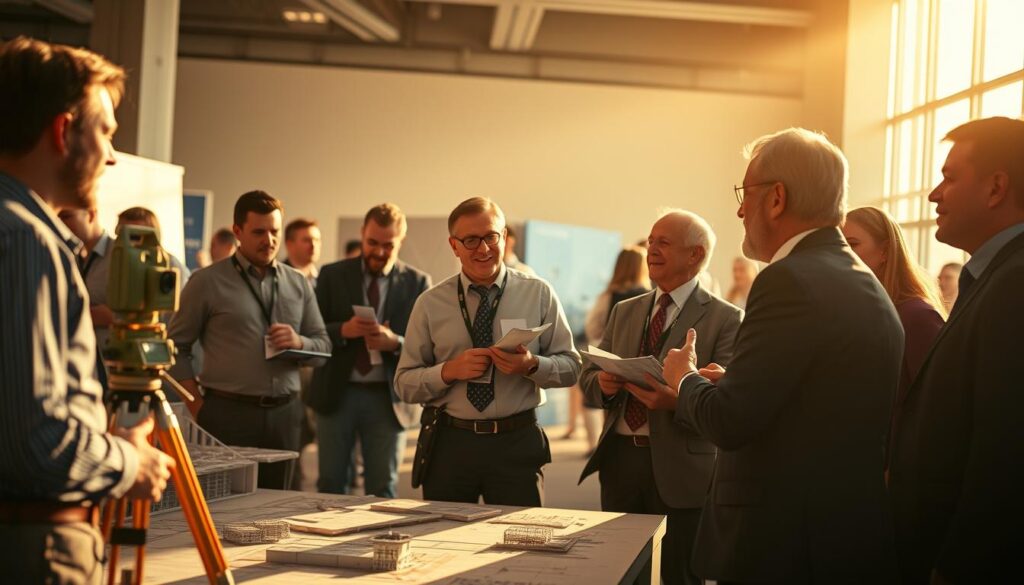 A group of land surveyors in professional attire network at an industry event, engaging in animated discussions near a large architectural model and surveying equipment. The scene is bathed in warm, directional lighting, creating dramatic shadows and highlights that accentuate the collaborative atmosphere. The camera angle is slightly low, emphasizing the importance of the subject matter. The background is blurred, keeping the focus on the professionals and their interaction.