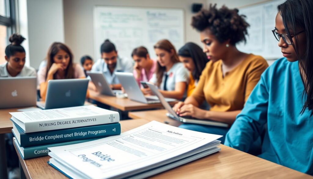 A modern, well-lit university classroom featuring a diverse group of adult students intently focused on their laptops and course materials. In the foreground, a stack of textbooks and papers labeled "Nursing Degree Alternatives" and "Bridge Programs" sit on a wooden desk. The middle ground shows the students engaged in group discussions and collaborations, representing the collaborative nature of these bridging programs. In the background, a whiteboard displays course outlines and key program information. The overall atmosphere conveys a sense of academic rigor, determination, and the possibility of a new path to a nursing career for those without a traditional nursing degree.
