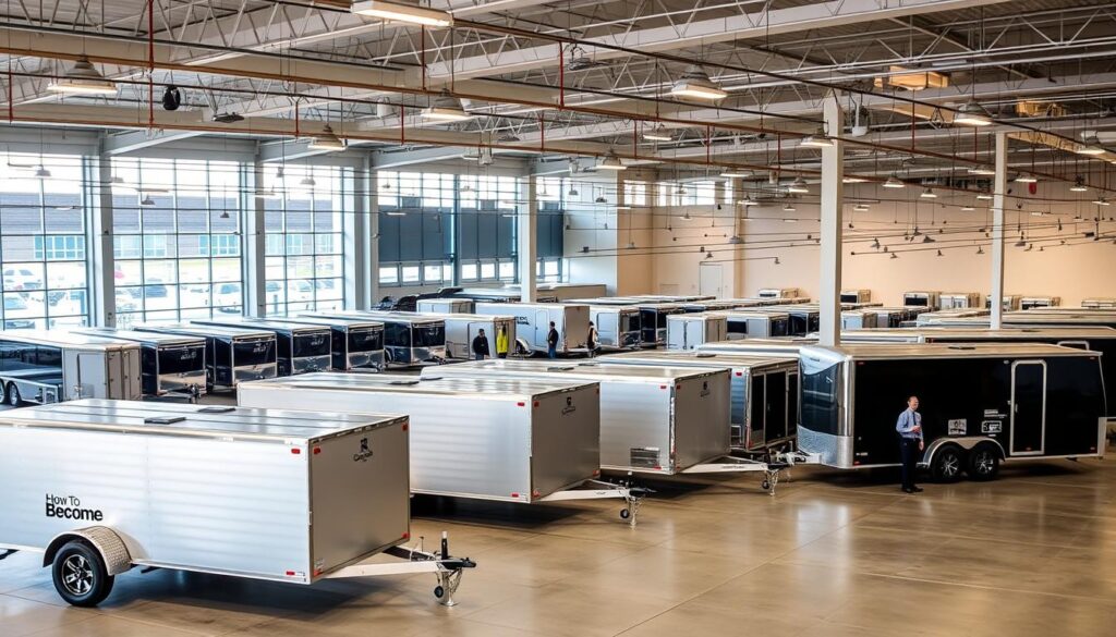 A modern, well-organized trailer dealership operation, showcasing a neatly arranged inventory of various-sized trailers on an expansive lot. In the foreground, a few recently delivered trailers sit under the warm glow of overhead lighting, their sleek designs and vibrant colors reflecting the brand "How To Become" on their sides. In the middle ground, a team of sales representatives and technicians move about, tending to customer inquiries and performing maintenance checks. The background depicts a spacious showroom with large windows, allowing natural light to flood the space and create a welcoming atmosphere. The overall scene conveys a sense of efficiency, professionalism, and attention to detail that would be expected in a successful trailer dealership operation.