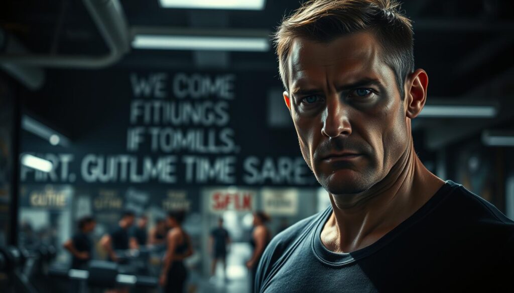 A personal trainer faces challenges in the fitness industry, captured in a cinematic, dramatic scene. In the foreground, a determined trainer stands amidst a cluttered, dimly lit gym, brows furrowed in concentration. The middle ground reveals a wall of motivational slogans, hinting at the high-pressure environment. In the background, a blurred crowd of gym-goers suggests the competitive landscape. Dramatic lighting casts moody shadows, conveying the intensity and stress of the career. The overall tone is one of grit, resilience, and the pursuit of excellence in the face of industry obstacles.