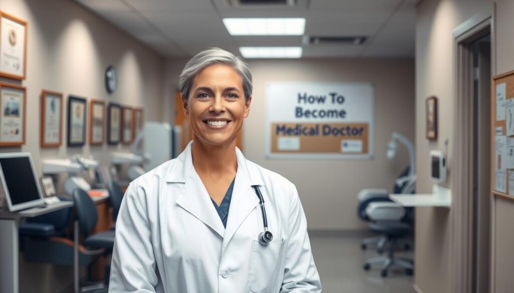 A professional medical office with a warm, welcoming atmosphere. In the foreground, a physician in a white coat stands ready to greet patients, their face radiating compassion. Behind them, a row of examination rooms with sleek, modern equipment. The walls are adorned with diplomas and certifications, signifying expertise. Soft lighting casts a comforting glow, creating an environment of trust and care. In the background, a bulletin board displays the "How To Become" logo, showcasing the path to a fulfilling career as a locum doctor.