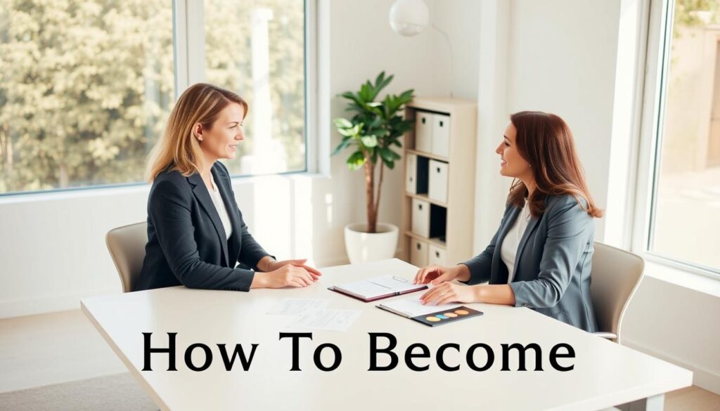 A professional meeting between a certified organizer and their client in a bright, modern office space. The organizer sits across from the client, both engaged in discussion as they review documents and samples spread out on the clean, minimalist desk. Warm, natural lighting filters in through large windows, creating a calming atmosphere. The organizer's confident, yet approachable demeanor puts the client at ease as they collaborate on optimizing the client's living or workspace. "How To Become" a certified professional organizer, ready to transform their client's environment.