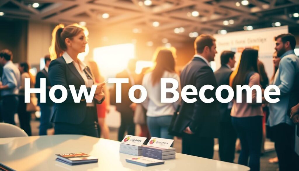 A professional organizer networking at a bustling conference, standing confidently in the foreground, engaging with potential clients in the middle ground. The scene is bathed in warm, soft lighting, creating an inviting atmosphere. In the background, the organizer's branded business cards and promotional materials are neatly displayed on a sleek, modern table. The overall composition conveys the "How To Become" a professional organizer's strategic approach to building a strong client base through effective networking.