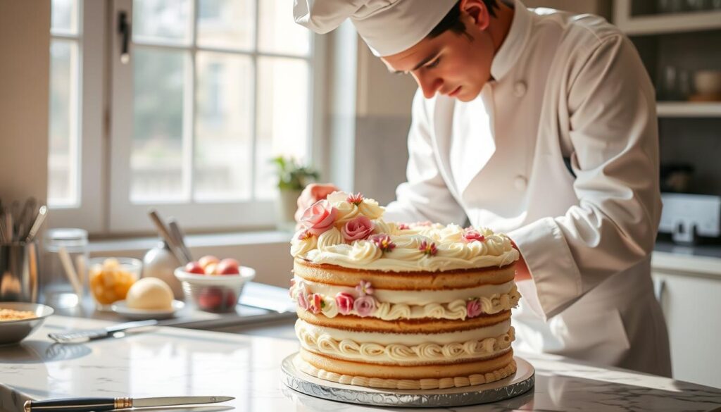 A professional pastry chef expertly decorating a layered cake with intricate piping, delicate fondant flowers, and a glossy mirror glaze, illuminated by soft, natural lighting from a large window. The cake sits on a marble countertop, surrounded by various pastry tools and ingredients. The chef's skilled hands and focused expression convey the artistry and precision required for mastering cake decorating techniques. "How To Become" a pastry chef with these specialized skills.