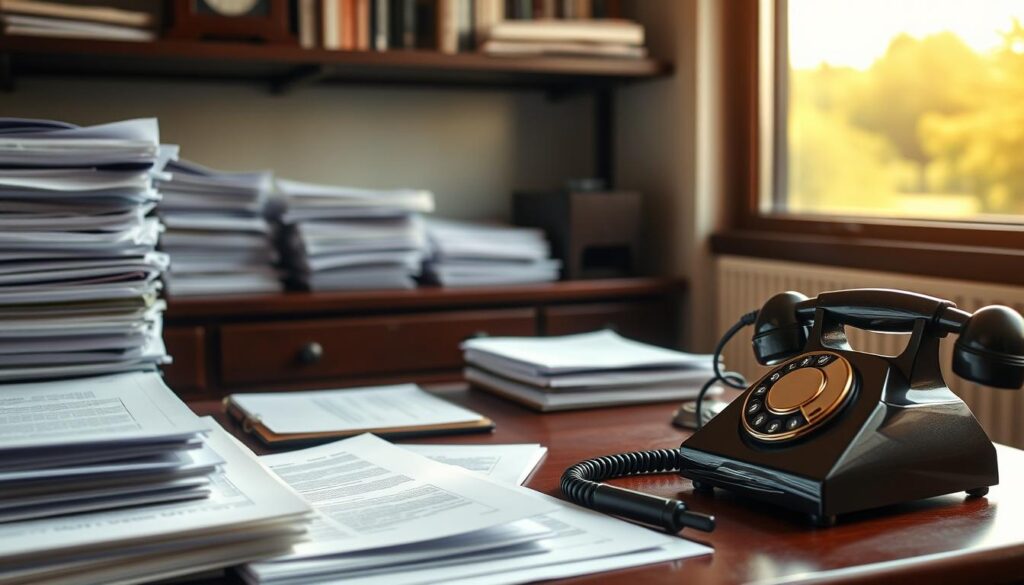 A professional process server's workspace, meticulously organized. Stacks of legal documents, a sturdy desk, and a vintage rotary phone set against a backdrop of a sun-dappled Maryland landscape, hinting at the diligence and attention to detail required for this role. Soft, warm lighting casts a contemplative mood, as the "How To Become" a process server in Maryland takes shape, with a sense of professionalism and dedication.