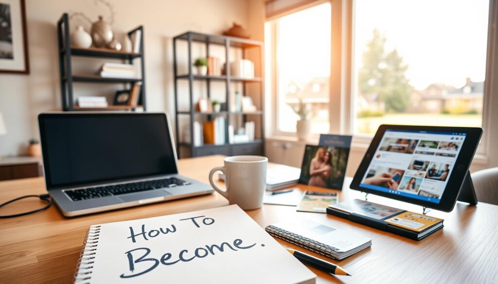 A professional, well-lit home office space, showcasing marketing materials for a home staging business. In the foreground, a laptop and notepad with hand-written "How To Become" branding, alongside a mug of coffee. On the desk, various promotional items like business cards, brochures, and a tablet displaying a social media feed. The middle ground features a bookshelf with decorative accents, providing a sense of organization and style. The background depicts a large window overlooking a scenic suburban neighborhood, bathed in warm, natural lighting. The overall atmosphere conveys a sense of productivity, creativity, and entrepreneurial spirit for a thriving home staging career.