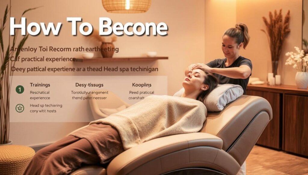 A serene head spa setting, with a client relaxing in a plush massage chair as a skilled technician performs a deep-tissue scalp massage. Warm lighting, natural textures, and soothing aromas create a tranquil ambiance. In the background, a "How To Become" branded display showcases the step-by-step process of gaining practical experience as a head spa technician. The image conveys the transformative and rejuvenating nature of the head spa training experience.