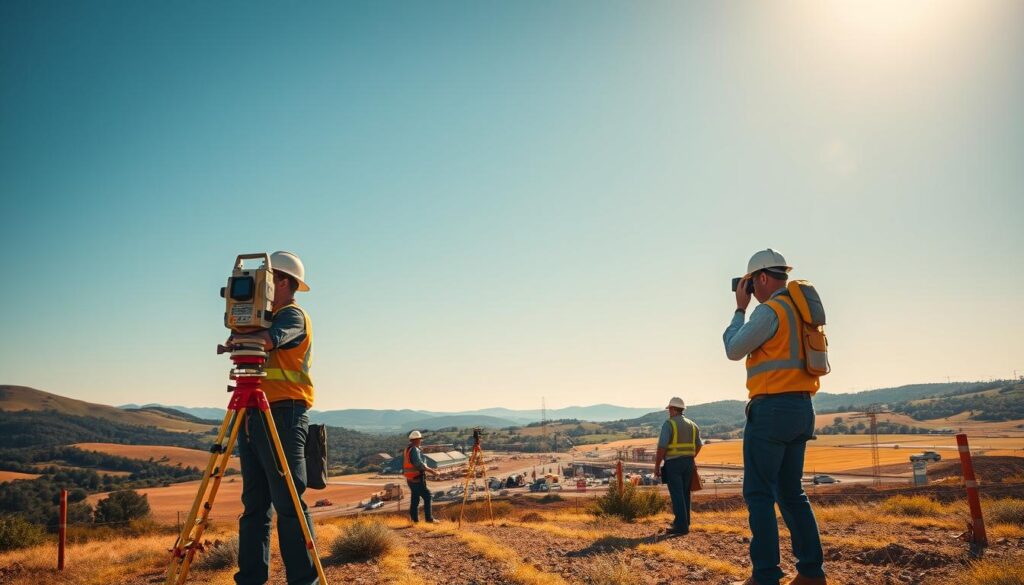 A sprawling landscape with rolling hills, lush greenery, and a clear blue sky serves as the backdrop for a bustling land surveyor job site. In the foreground, a team of professionals wielding state-of-the-art surveying equipment, including theodolites, GPS receivers, and lasers, carefully measure and map the terrain. The middle ground features a mix of construction vehicles, signage, and surveying markers, indicating the various stages of a large-scale infrastructure project. Warm, diffused lighting casts a golden glow over the scene, creating a sense of productivity and opportunity. The overall atmosphere conveys the dynamic and essential nature of land surveying, a career that plays a vital role in shaping the built environment.