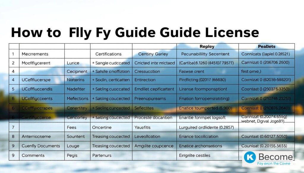 A table displaying the detailed requirements for obtaining a fly fishing guide license, with a clean and professional aesthetic. The foreground features a well-organized list of necessary documents, certifications, and fees, with a clear and legible font. The middle ground showcases a serene mountain landscape in the background, conveying a sense of natural beauty and the outdoor setting associated with fly fishing. The lighting is soft and diffused, creating a calming atmosphere. The overall composition balances informative details with a visually appealing and inspirational backdrop, reflecting the "How To Become" brand and the "Understanding Legal and Ethical Guidelines" section of the article.
