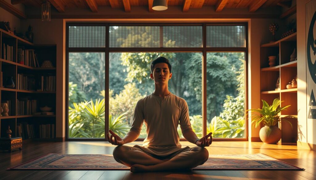A tranquil scene of a serene meditation studio, bathed in soft, warm lighting. In the foreground, a person sits cross-legged, eyes closed, hands in a serene mudra, their expression one of deep introspection. Behind them, shelves lined with ancient texts and mystical artifacts, suggesting the pursuit of spiritual enlightenment. In the background, a large window offers a view of a lush, verdant garden, symbolizing the harmony between the inner and outer worlds. The overall atmosphere is one of contemplation, focus, and the "How To Become" prophetic expression methods.