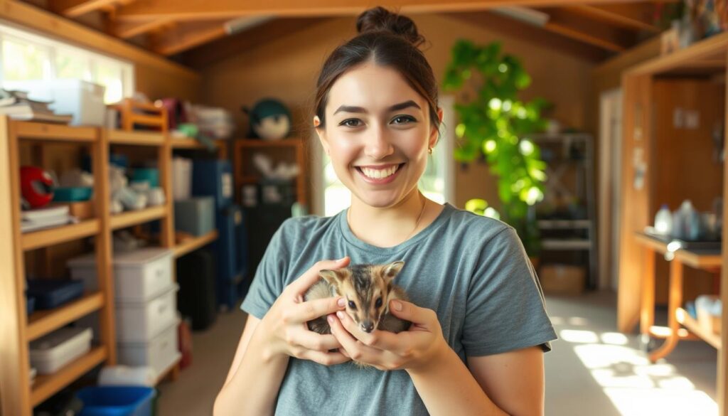 A warm, inviting scene of a "How To Become" wildlife rehab volunteer opportunity. In the foreground, a friendly person in casual attire gently cradles a small, injured animal, their expression filled with care and compassion. The middle ground reveals a cozy, well-equipped rehab center, with shelves of supplies and medical equipment. In the background, verdant trees and a bright, natural light create a peaceful, healing atmosphere. The overall mood is one of dedication, purpose, and the rewarding experience of helping wildlife in need.