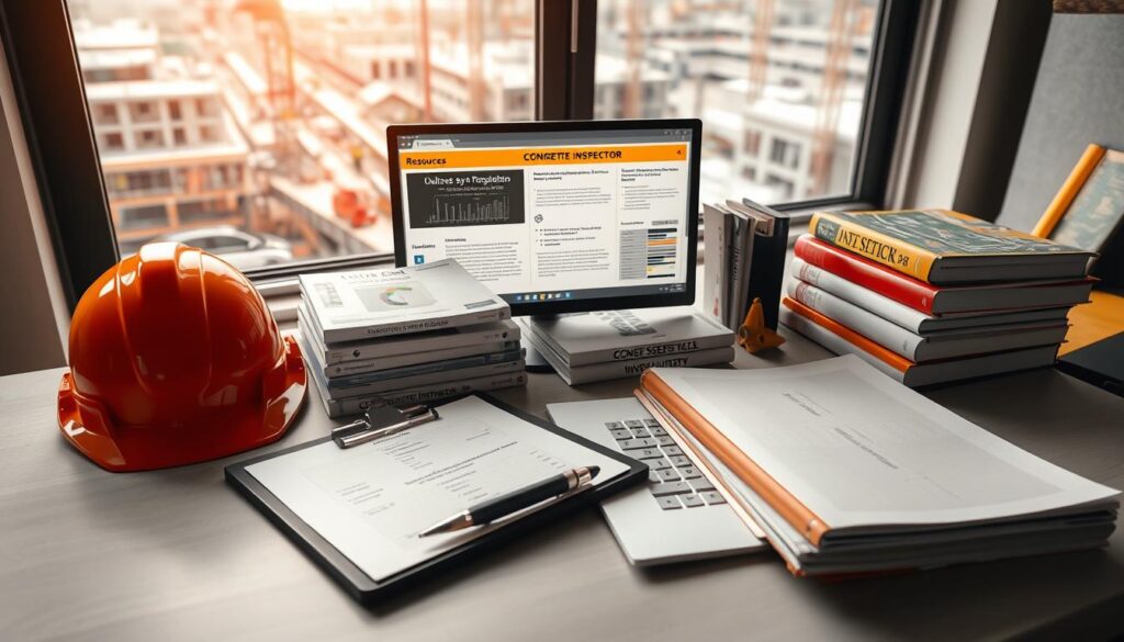 A well-lit, high-angle shot of a construction site office desk, showcasing a range of concrete inspector resources. In the foreground, various hardhat, safety vest, and clipboard sit neatly organized. The middle ground features a computer displaying industry standards and regulations, alongside a stack of technical manuals and code books. In the background, a window overlooks a bustling construction site, suggesting the practical application of the resources. The overall scene conveys a sense of professionalism, attention to detail, and commitment to staying up-to-date with the latest concrete industry requirements.
