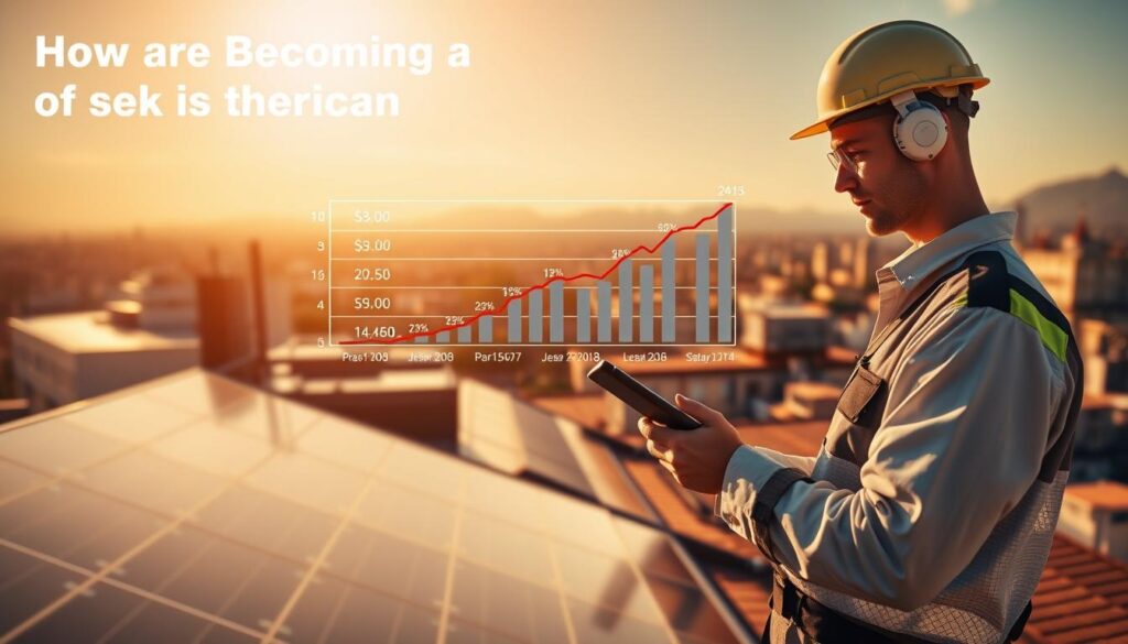 Detailed rendering of a solar energy technician's career path and salary data. In the foreground, a solar technician in uniform holds a tablet, examining solar panels on a rooftop. In the middle ground, a graph displays salary ranges for solar energy technicians, organized by experience level and location. The background features a cityscape with solar panels dotting the rooftops, conveying the growth of the renewable energy industry. High-contrast lighting and a warm, golden color palette create an aspirational, future-forward atmosphere. How To Become a Solar Energy Technician | Ultimate Guide.
