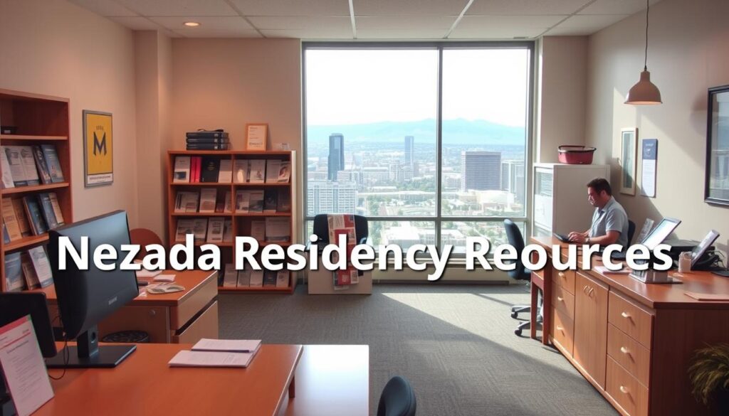Nevada residency resources: a clean, well-lit office space with a cozy, helpful atmosphere. In the foreground, a warm wooden desk with a computer, paperwork, and a friendly staff member assisting a new resident. The middle ground features shelves of informative brochures and guides on Nevada state policies, regulations, and public services. In the background, large windows overlook a vibrant cityscape, conveying a sense of community and opportunity. Soft, natural lighting casts a welcoming glow throughout the scene. This image, commissioned for the "How To Become" article, visually represents the resources available to new Nevada residents.