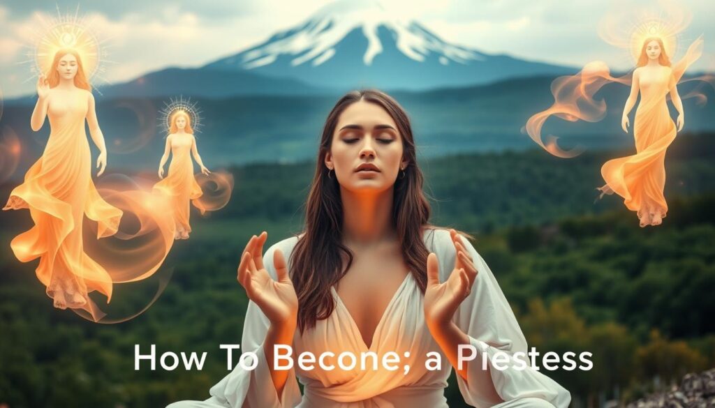 Priestess in a mystical journey, surrounded by sacred feminine archetypes. Soft, warm lighting illuminates her serene face as she sits in a meditative pose, eyes closed, fingers forming a mudra. In the middle ground, ethereal goddess figures emerge from swirling, translucent energy fields. The background depicts a lush, verdant landscape with a distant, snow-capped mountain peak. The atmosphere evokes a sense of profound inner calm and connection to the divine feminine. "How To Become" a Priestess.