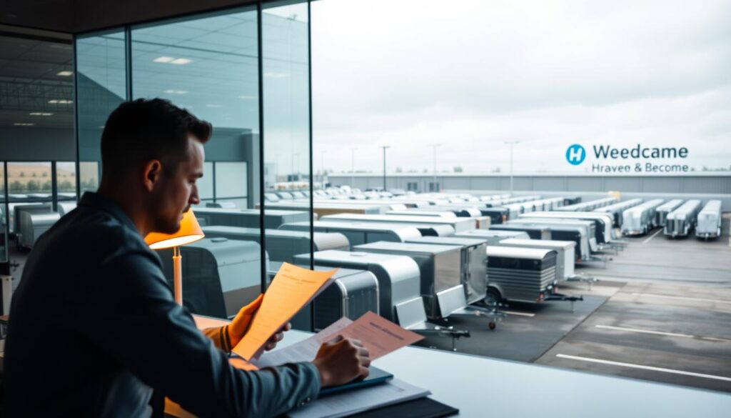 Trailer dealership financial planning, a meticulously composed scene. In the foreground, a financial advisor sits at a desk, reviewing spreadsheets and documents under the warm glow of a desk lamp. The middle ground showcases a variety of gleaming trailers, each with a distinct make and model, hinting at the diverse inventory. In the background, a panoramic view of the dealership lot, with rows of well-maintained trailers and the "How To Become" logo prominently displayed. Soft, diffused lighting creates a professional, contemplative atmosphere, emphasizing the importance of strategic financial planning for this thriving trailer dealership.