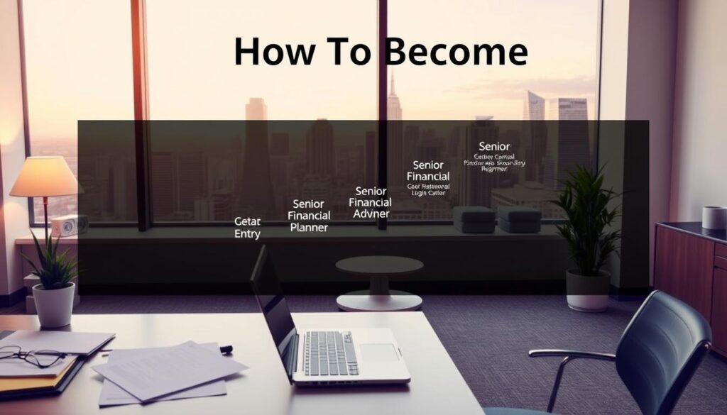 financial planning career path, showing a detailed career progression from entry-level financial advisor to senior financial planner, with clear milestones and skill development. Set in a modern office environment with a large window overlooking a city skyline, warm lighting, and a clean, minimalist aesthetic. In the foreground, a desk with a laptop, documents, and a plant, representing the day-to-day work of a financial planner. In the middle ground, various career stages depicted as stepping stones or a pathway, leading to the final stage of a senior financial planner. In the background, a cityscape with skyscrapers, symbolizing the growth and progression of the financial planning career. "How To Become" a financial planner is the overall theme.